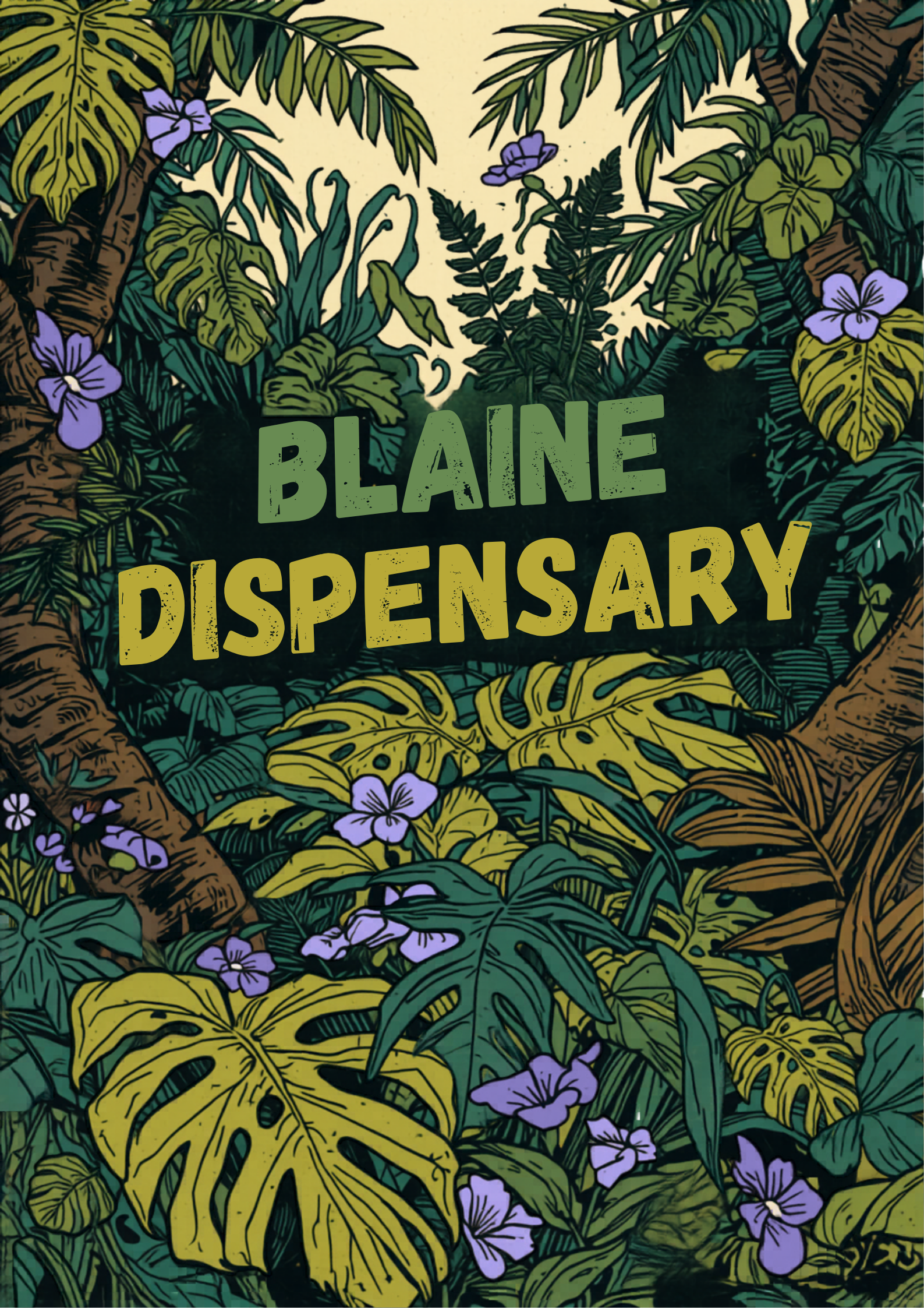 Blaine Dispensary botanical art — bold tropical plants with streetwear energy